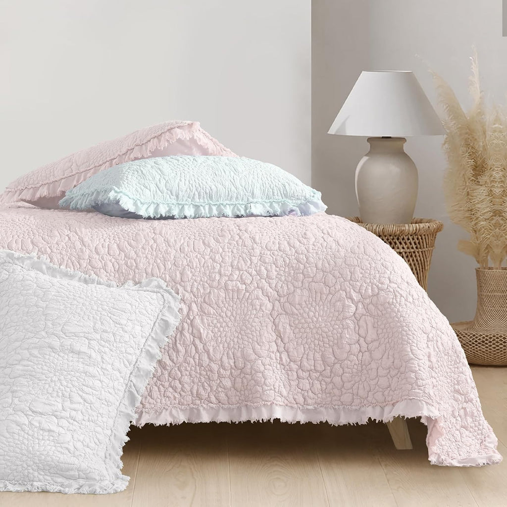Pink Ruffled Quilt King, Stone-Washed Microfiber Lightweight Crinkled Farmhouse Rustic Shabby Chic Bedding Set, 3