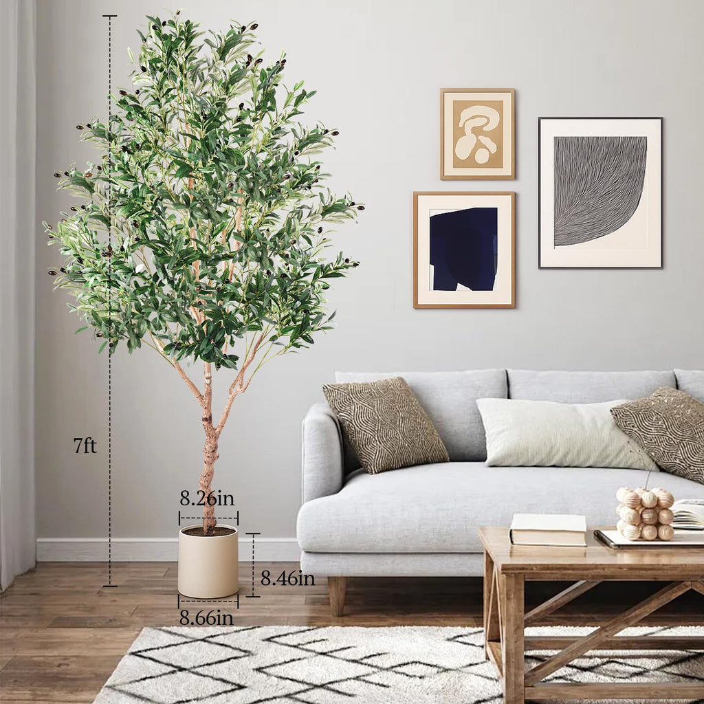 Large Olive Trees Artificial Indoor, Upgraded 7FT Faux Olive Tree with Natural Wood Trunk and Lifelike Fruits, White