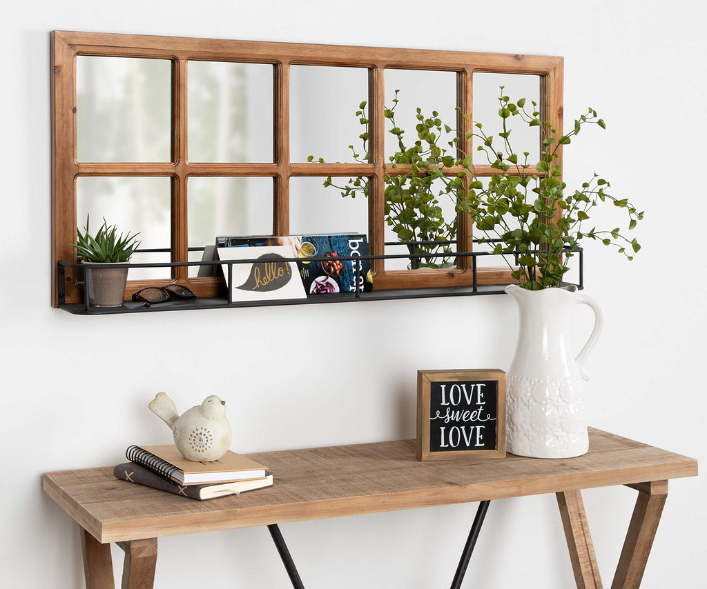 Jackson Casual Farmhouse Solid Wood 10 Windowpane Mirror with Distressed Black Metal Shelf, 40x18, Rustic Caramel