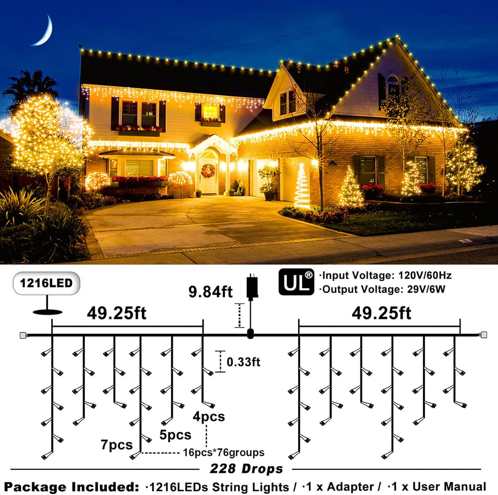 Warm White Christmas Lights Outdoor 99ft 1216 LED Icicle Lights for Outside