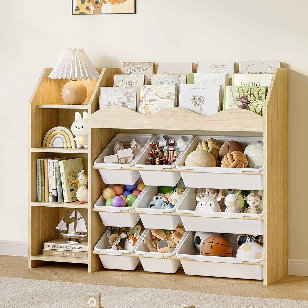 Toy Storage Organizer, Scalloped Bookshelf, 4 Toy Shelves, 9 Bins | Scalloped top book display, 4-tier side shelves