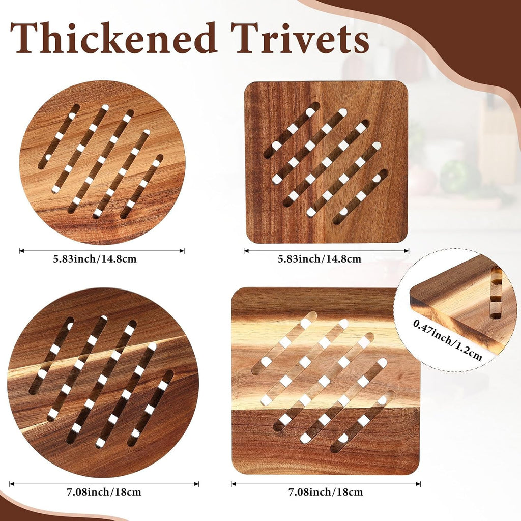 Acacia Trivet Mat Set 5.8inch 7inch Thicken Acacia Wood Hot Pads Trivets Heat Resistant Pads for Hot Dishes Pot - Set of 4