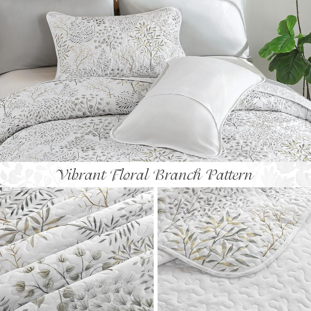 King Quilt Set, 3 Pieces White Floral Bedspread Coverlet Set, Farmhouse Botanical Bedspreads Bed Cover,Soft