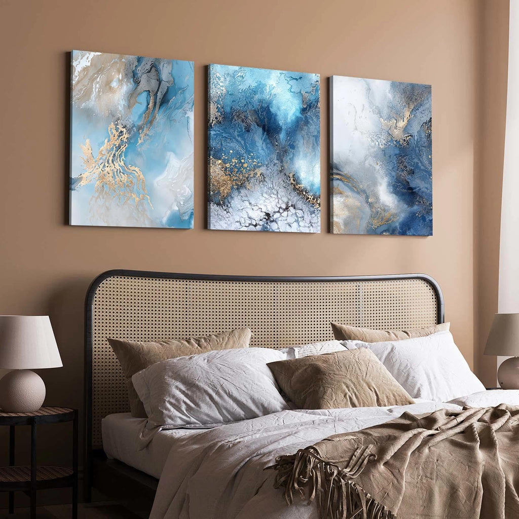 3 Piece Canvas Wall Art, Modern Abstract Blue and Gold Marble Ink Framed Wall Decor Bedroom Office, 12x16 Inch, with