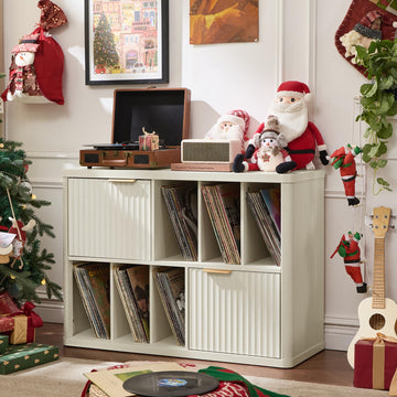Large Record Player Stand with Vinyl Storage Up to 450 Albums, Wood Fluted Record Storage Accent Cabinet, Modern