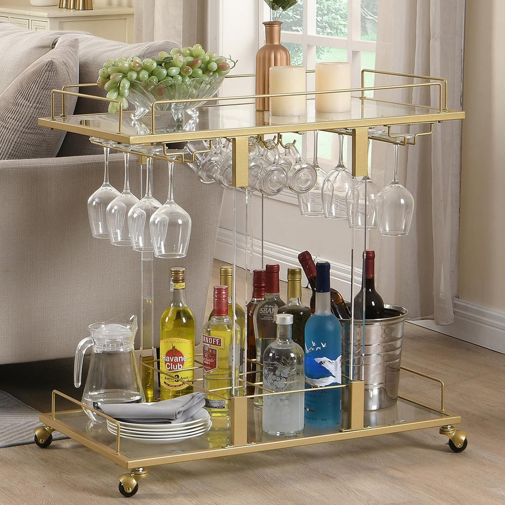 Bar Cart Bar Chrome Serving Cart with Wine Rack 2-Tier Acrylic Rolling Bar Carts on Wheels Clear Dessert Cart Lucite