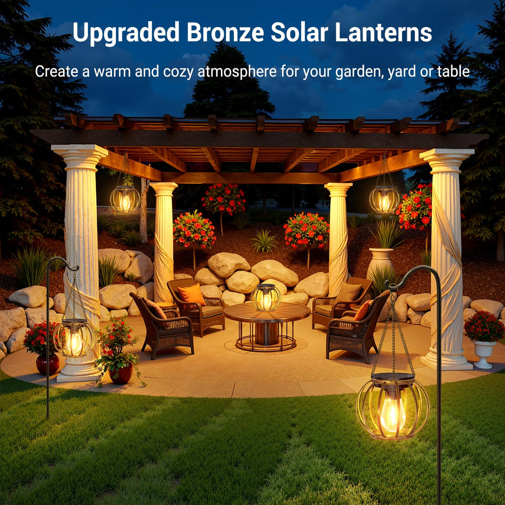 Solar Lanterns Outdoor Waterproof, 4 Pack Upgraded Bronze Metal Hanging Solar Lights Outdoor Lanterns, Brighter Auto