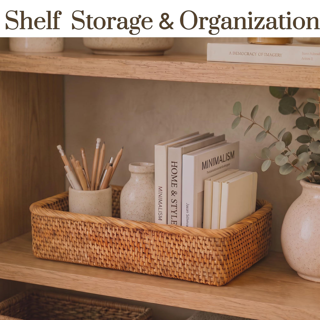 Natural Rattan Storage Baskets, Rectangular Woven Fruit Baskets, Decorative Wicker Basket and Small Baskets for