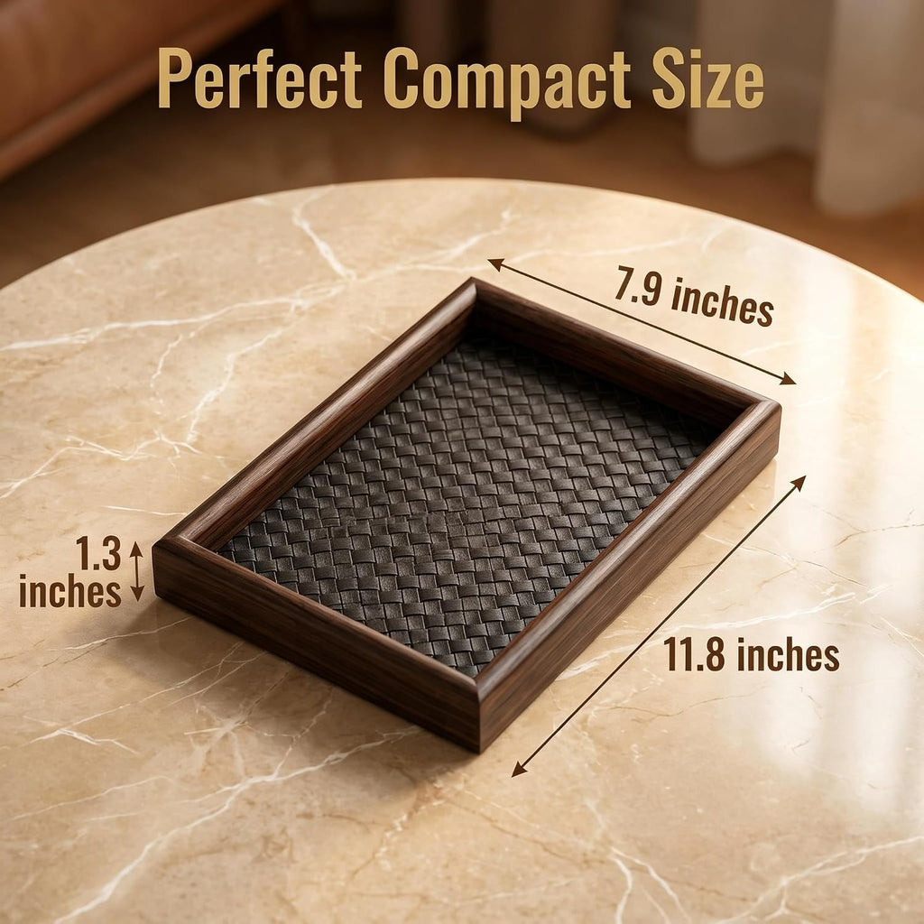 Wooden Valet Tray with Leather Base - EDC Catchall Tray for Men