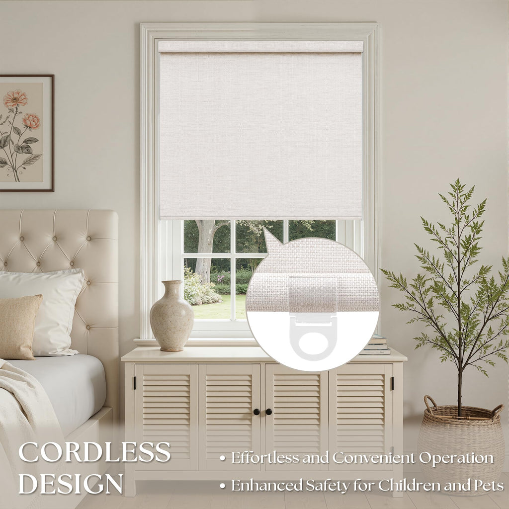 Beige White Textured Linen Semi Sheer Cordless Roller Shades