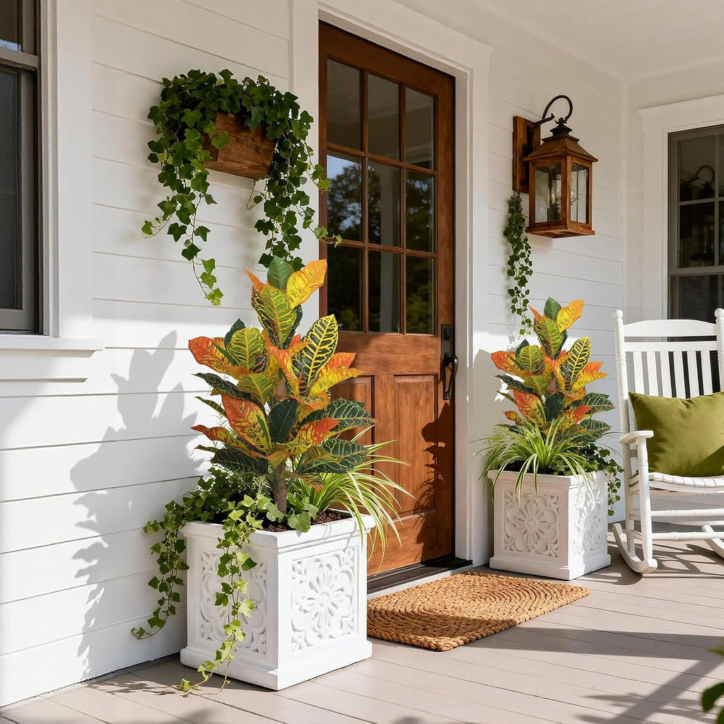 UV-Resistance 35inch Artificial Croton Plant, 2 Pack Fake Croton with Ground Spike, Faux Fiddle Leaf Fig Tree Home - Set of 2