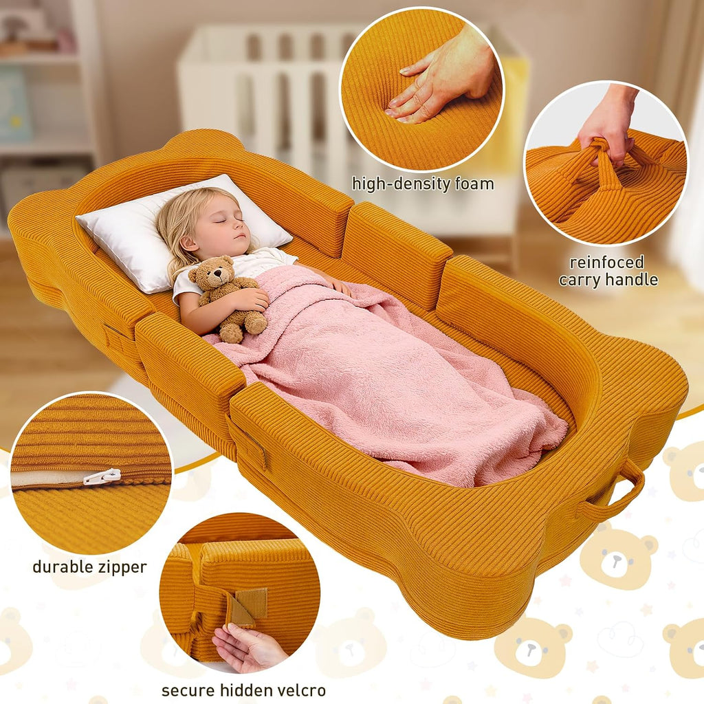 Toddler Travel Bed, Portable&Foldable Toddlers Floor Beds, Bear Style Soft Foam Crib for Baby and Kid, Washable Cover