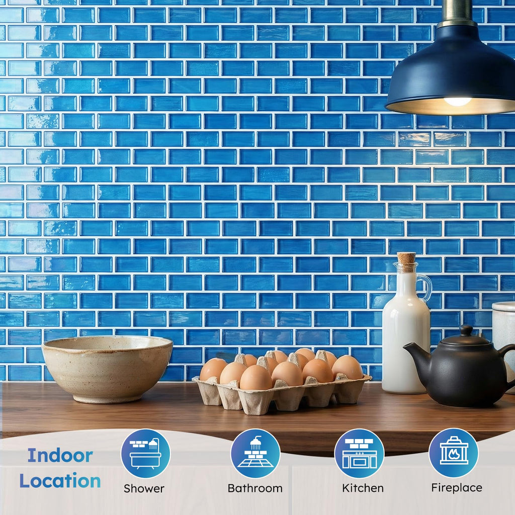 Pool Glass Mosaic Tiles, Iridescent Blue, 1x2 Inch Brick, 5 Sheets