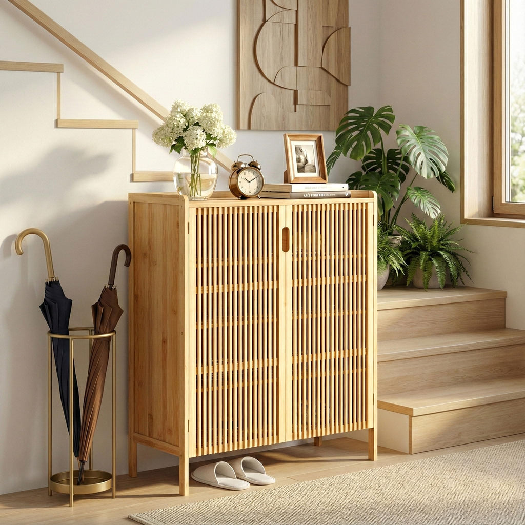 Bamboo Shoe Storage Cabinet with Doors, Hidden Shoe Organizer