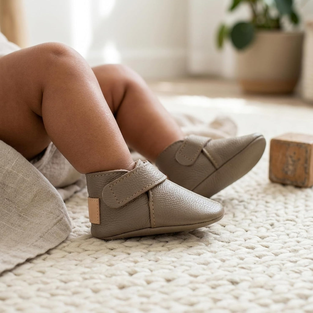 Leather Baby Booties Handmade Moccasins Soft Sole Barefoot First Walking Infant Shoes Newborn Shower Gift Boots Stone