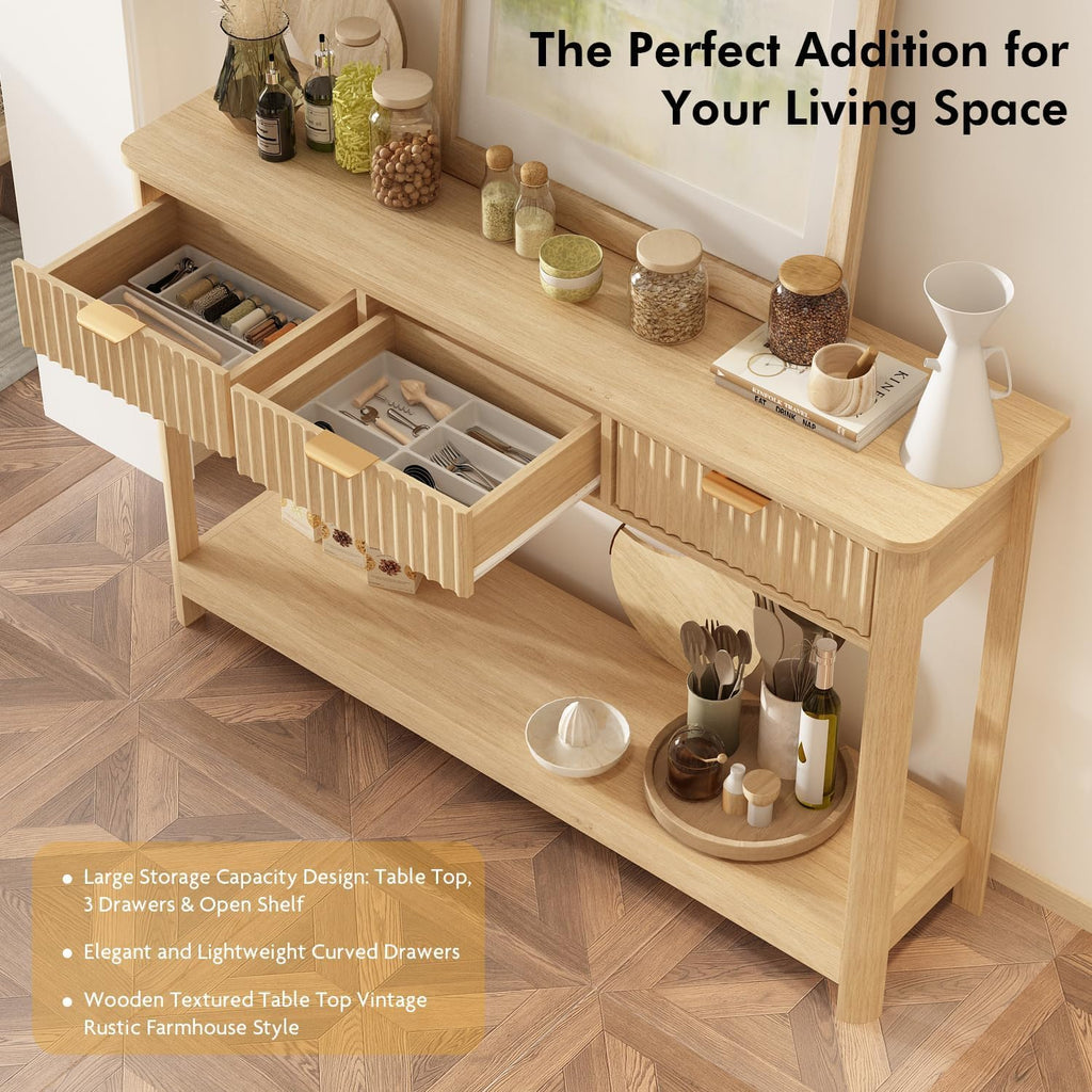 Fluted Wood Console Table with 3 Drawers, Boho Narrow Behind Couch Entryway Table with Open Storage Shelf, Modern