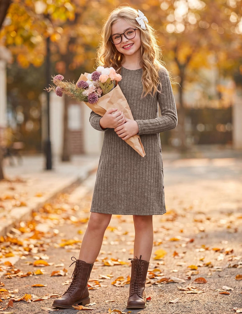 Girls Long Sleeve Dress Fall Winter A-Line Buttons Casual Dresses