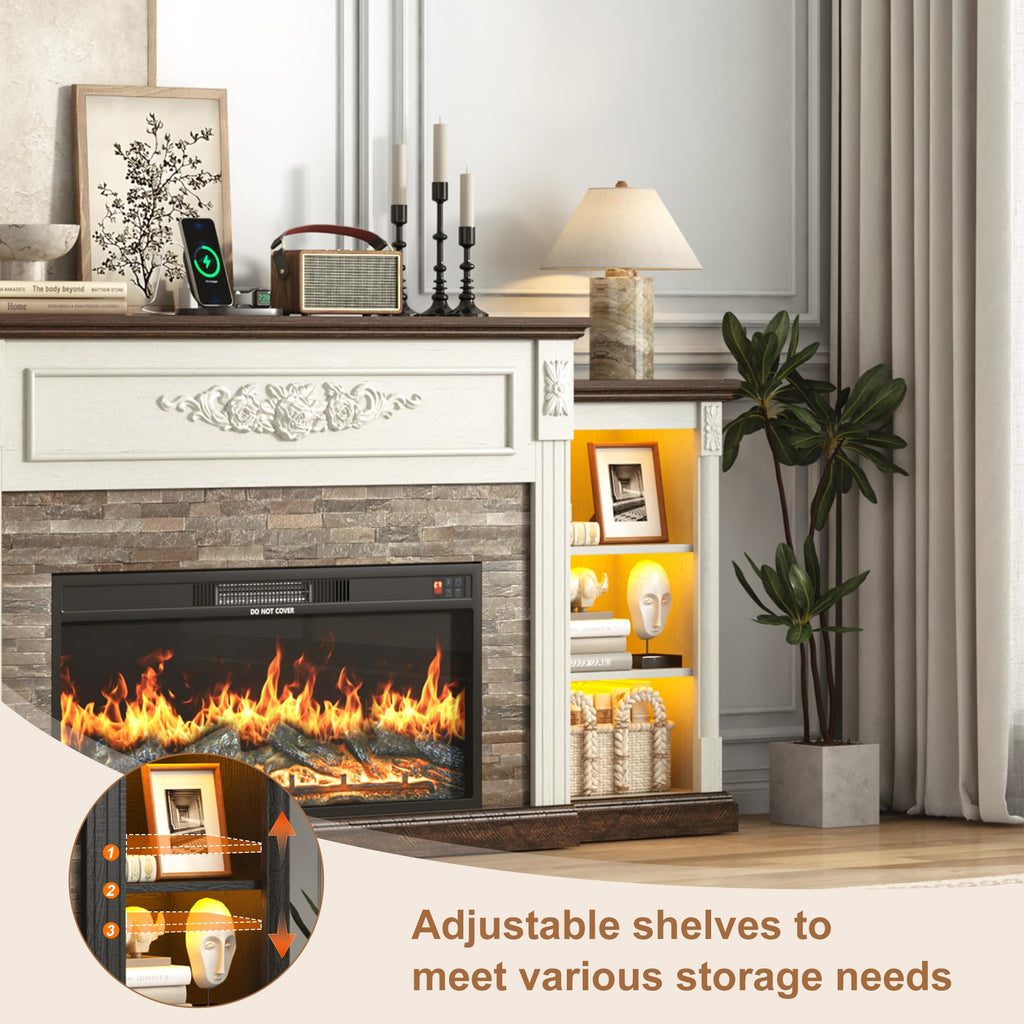 Farmhouse Fireplace with Mantel, 85" W 37.6" H TV Stand for 95" TV, White