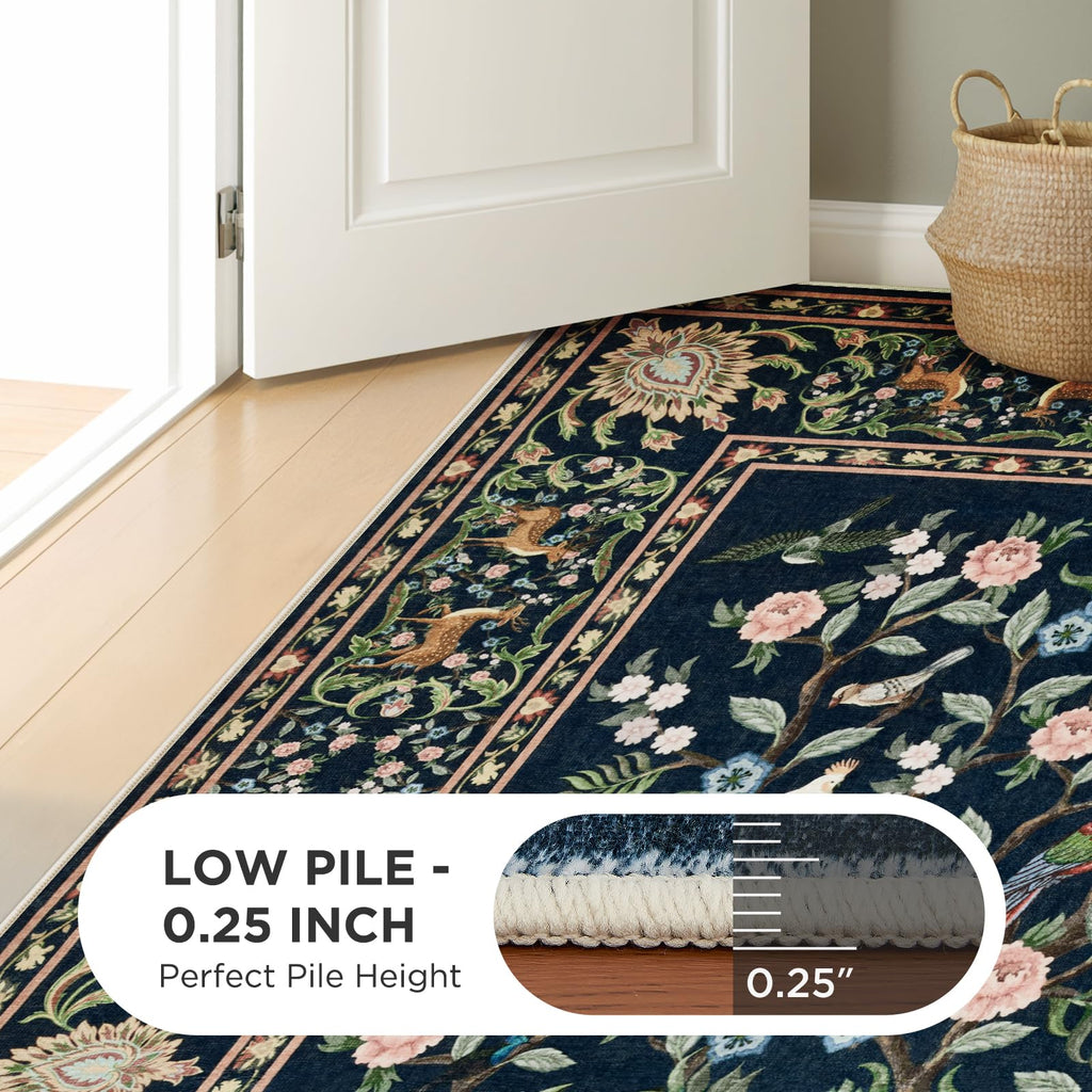 Area Rugs, Washable Boho Floral Large Carpet Black