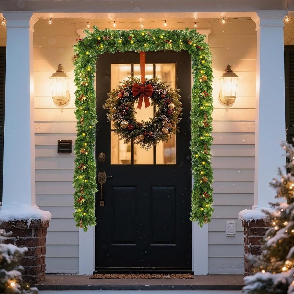 9FT Prelit Christmas Garland - Holiday Garland with 50 Multicolor LED Lights, 8 Pine Cones & 8 Red Berries, Battery