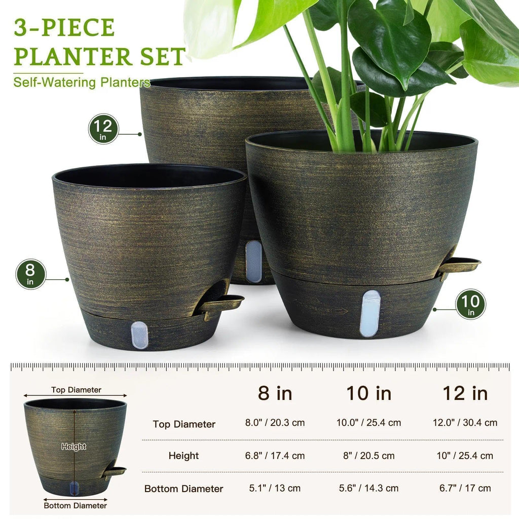 12/10/8 in Self Watering Pots for Indoor/Outdoor Plants, Gold Bronze Large Plastic Planter with Water Level