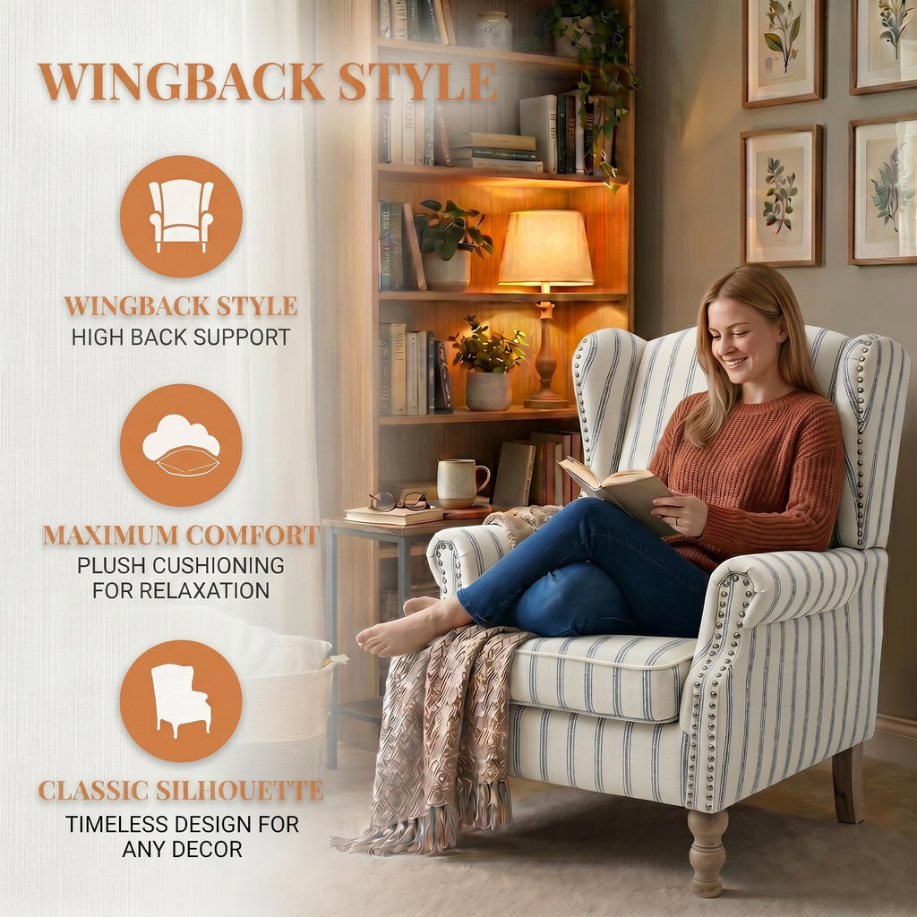 Mid Century Floral Wingback Chair with Nailhead Trim Solid Wood Leg