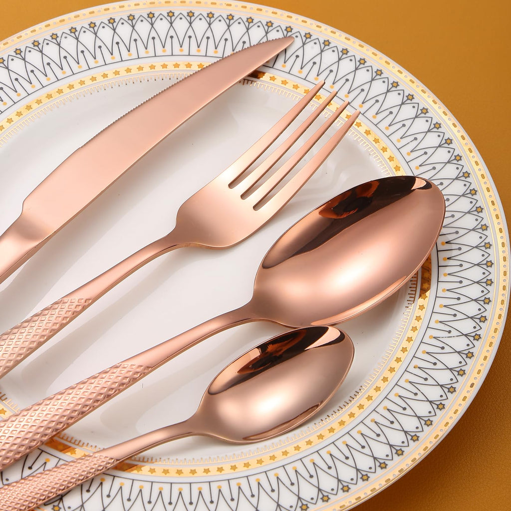 Hammered Flatware Set Copper/Rose Gold Silverware 20 Piece Stainless Steel Service for 4 Forks Knives Spoons Heavy