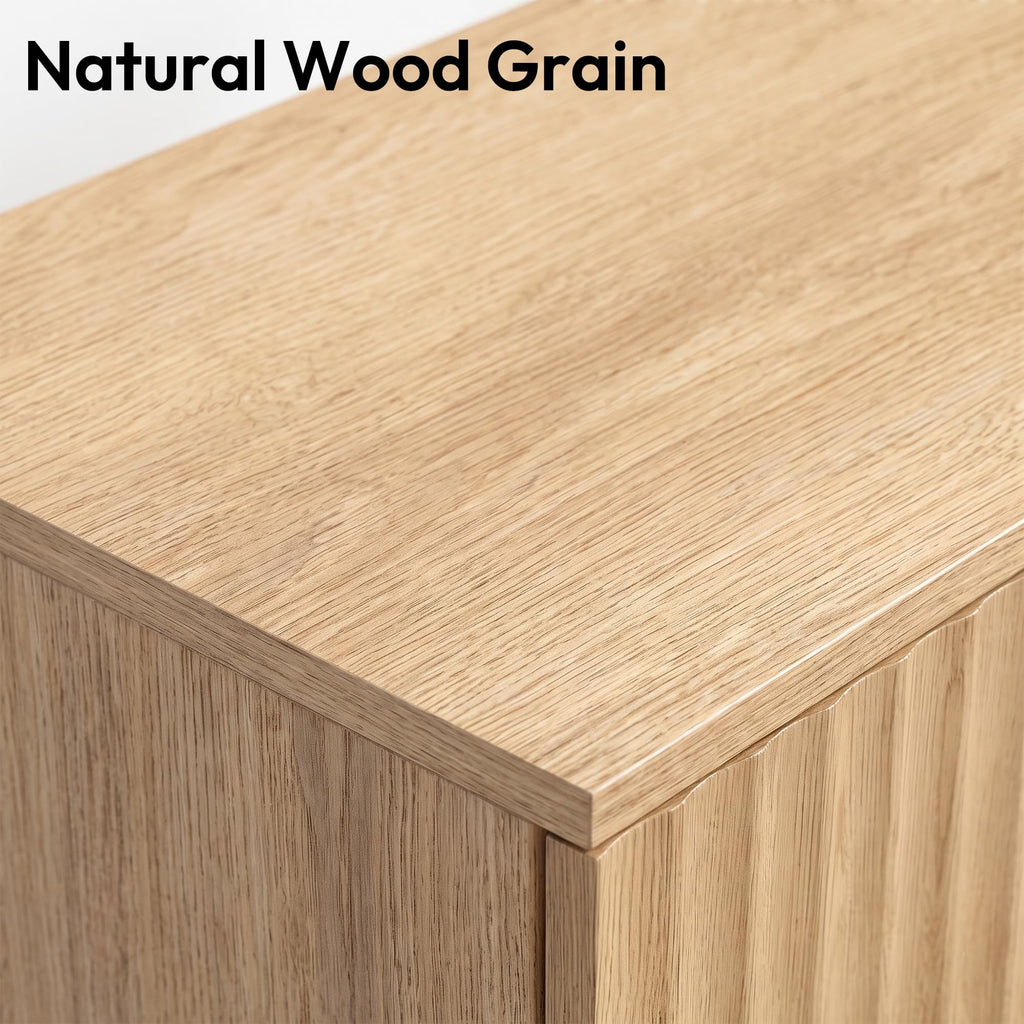 Fluted Nightstand with 2 Drawers, 23.6-Inch Wide, Natural Oak