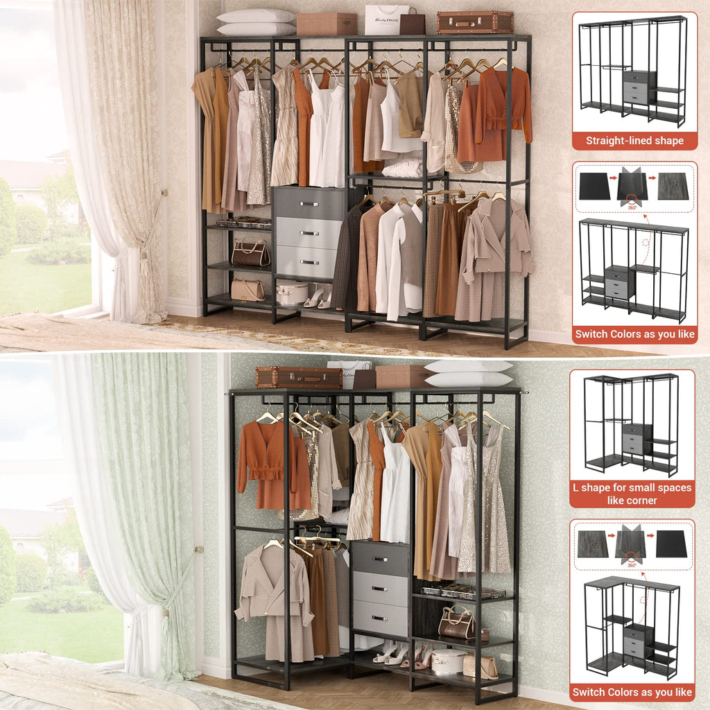 Wood Clothes Rack Wardrobe Organizer for Hanging Clothes, Heavy Duty Garment Rack, Large Corner L Shaped Closet