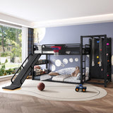 Twin Bunk Bed with Basketball Hoop, Pull-up Rings and Climbing Wall, Twin Bunk Bed with Slide and Bookcase
