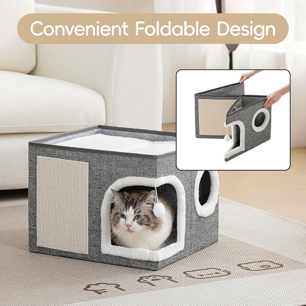 Cat Beds for Indoor Cats, Large Kitten Bed with Scratch Pad, Grey