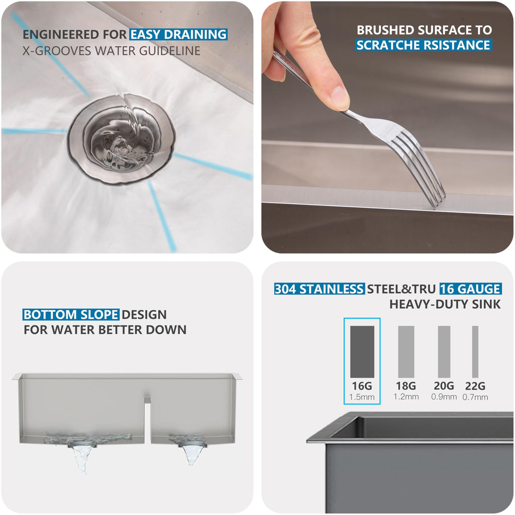 33x22 Inch 60/40 Double Bowl Kitchen Sink Drop In, 33 Inch Topmount Ledge Workstation Sink, 16 Gauge Stainless Steel