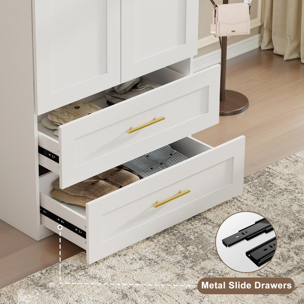 White Armoire Wardrobe Closet with 4 Drawers, 75" Tall x 63" Wide