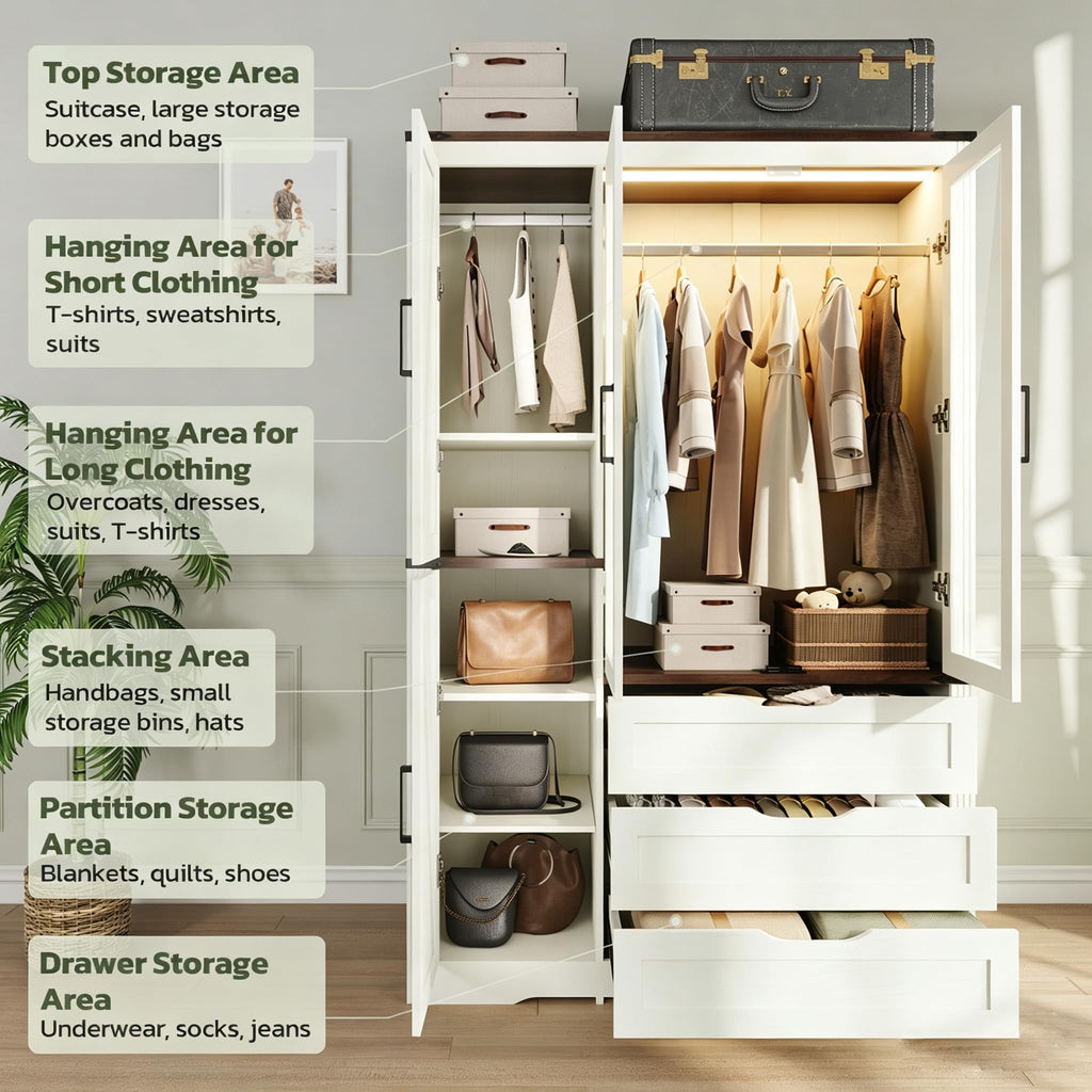73'' Wood Farmhouse 4 Doors Armoire Wardrobe Closet with LED Light
