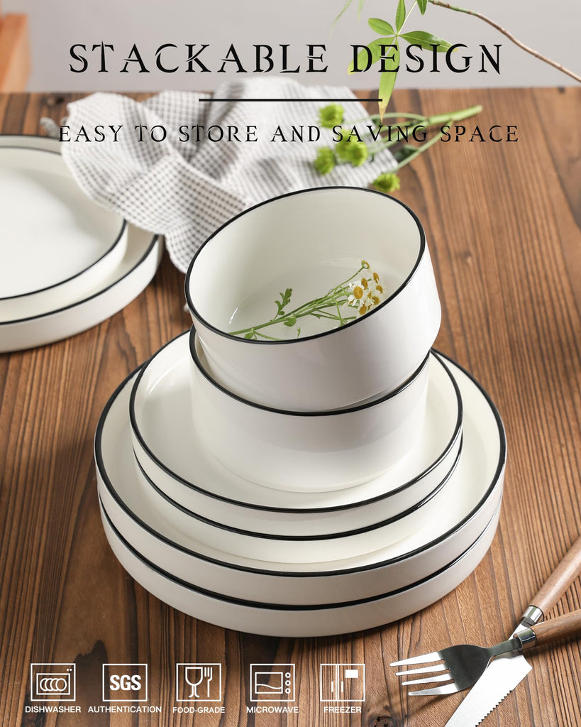Porcelain Dinnerware Sets for 4, 12 Pieces Ceramic Plates and Bowls Set, Classic Modern Simple Kitchen Dinner Dining