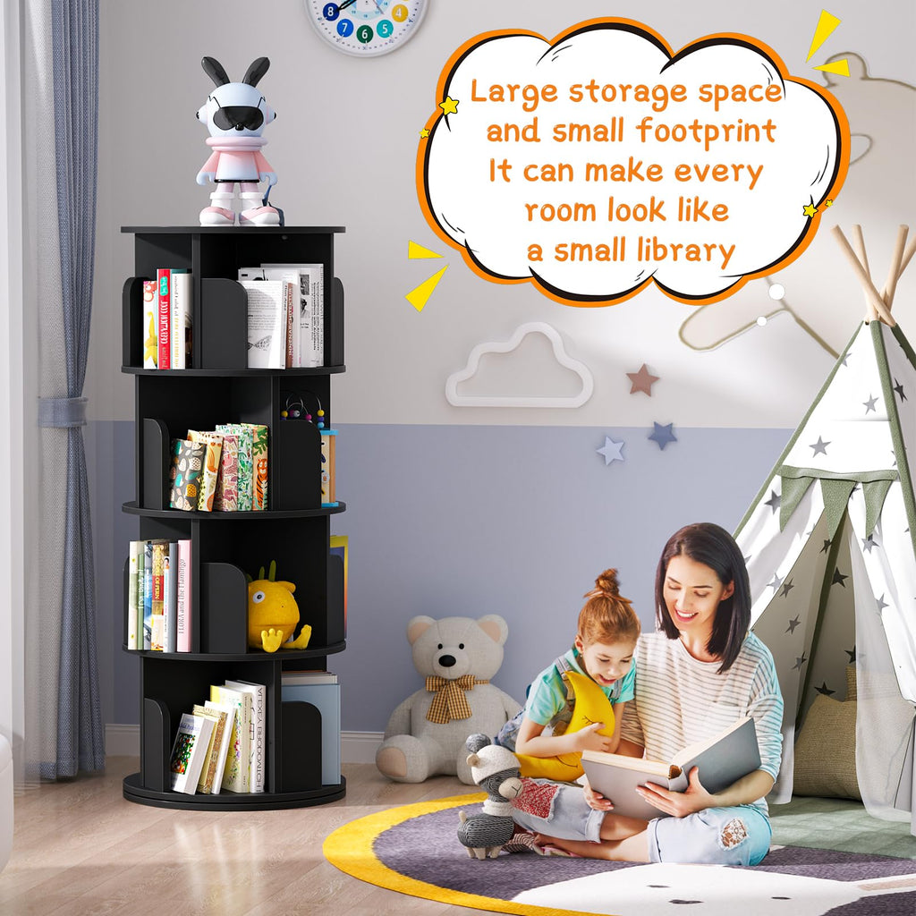 Rotating Bookshelf, 4 Tier Wood Spinning Bookcase Tower, Black