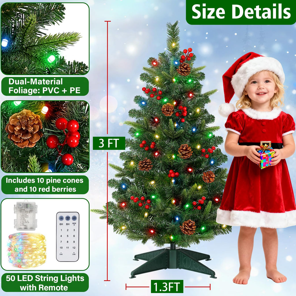 [Timer Remote & 12 Modes] 3FT Pre-Lit Christmas Tree with Lights, Artificial Small Christmas Tree with 50 LED Warm