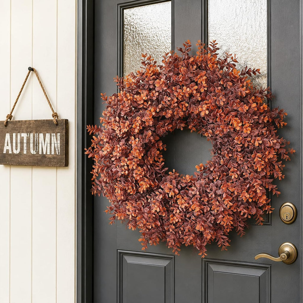 24" Artificial Fall Boxwood Wreath for Front Door Decoration (Deep Orange)