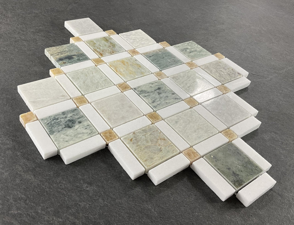 Ming Green, Thassos White, Honey Onyx Marble Mosaic Floor and Wall Tile Bathroom Kitchen Backsplash Tiles (10 Sheets)