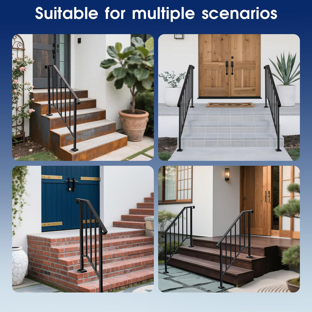 Outdoor Handrails for Steps, Stair Railing Kit for Concrete & Porch Steps, Adjustable Black Iron Hand Rail for