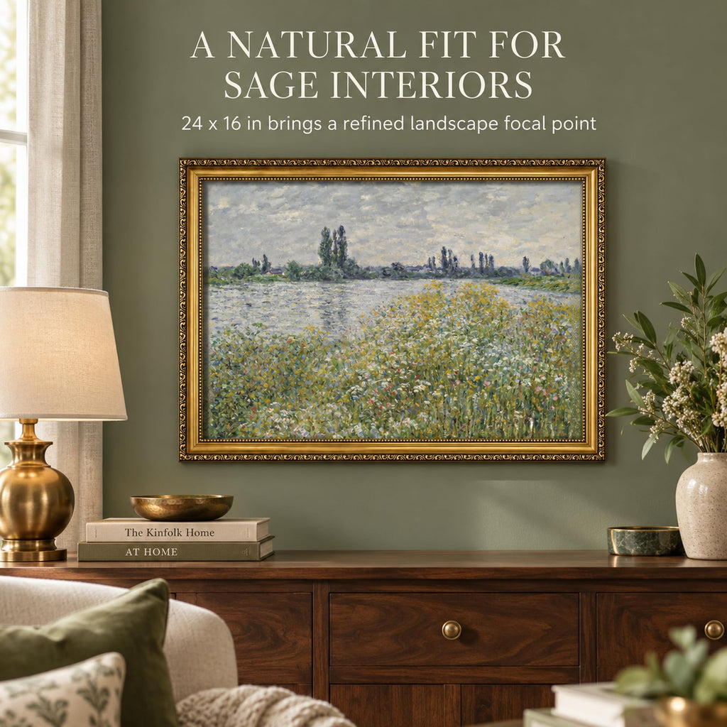 Gold Framed Vintage Canvas Wall Art, Monet Style Impressionist River Landscape Print, Canvas Print, Bedroom Bathroom