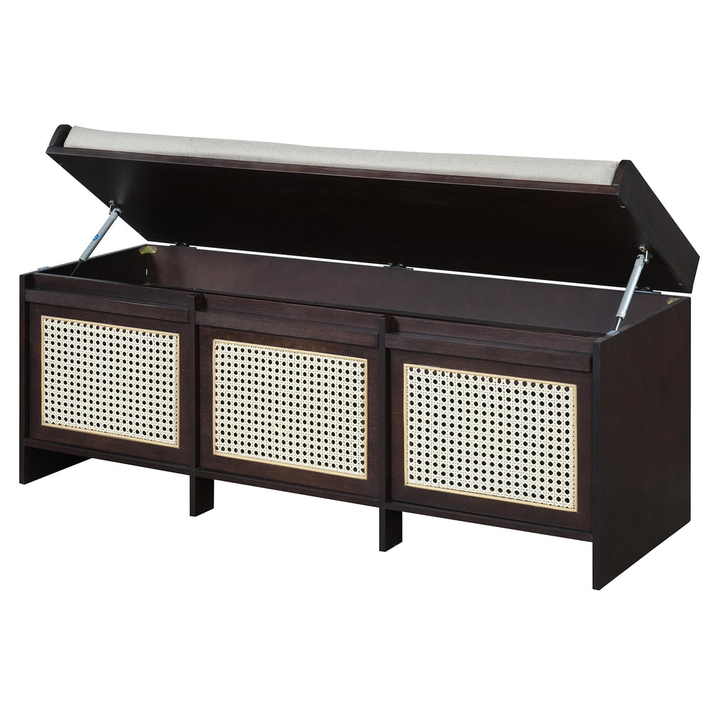 48" Shoe Storage Bench with Cushion, 2-Tier Entryway Bench with 3 Rattan Storage Drawers & Lift Top Storage, Retro