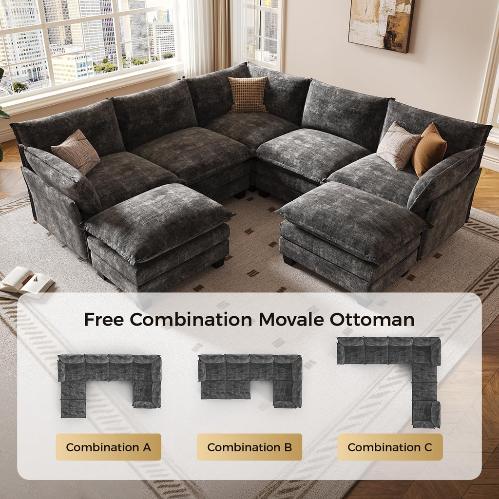 120" Modular Sectional Sofa, Large V Shape 7 Seater Convertible J/L/U-Shaped Modern Sectional Couch with Ottoman