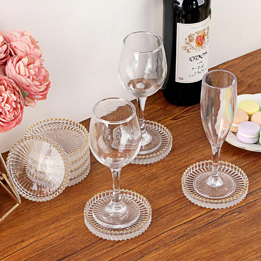 Modern Clear Coaster Glass Coasters for Drinks,Clear with Gold Rim - Set of 8