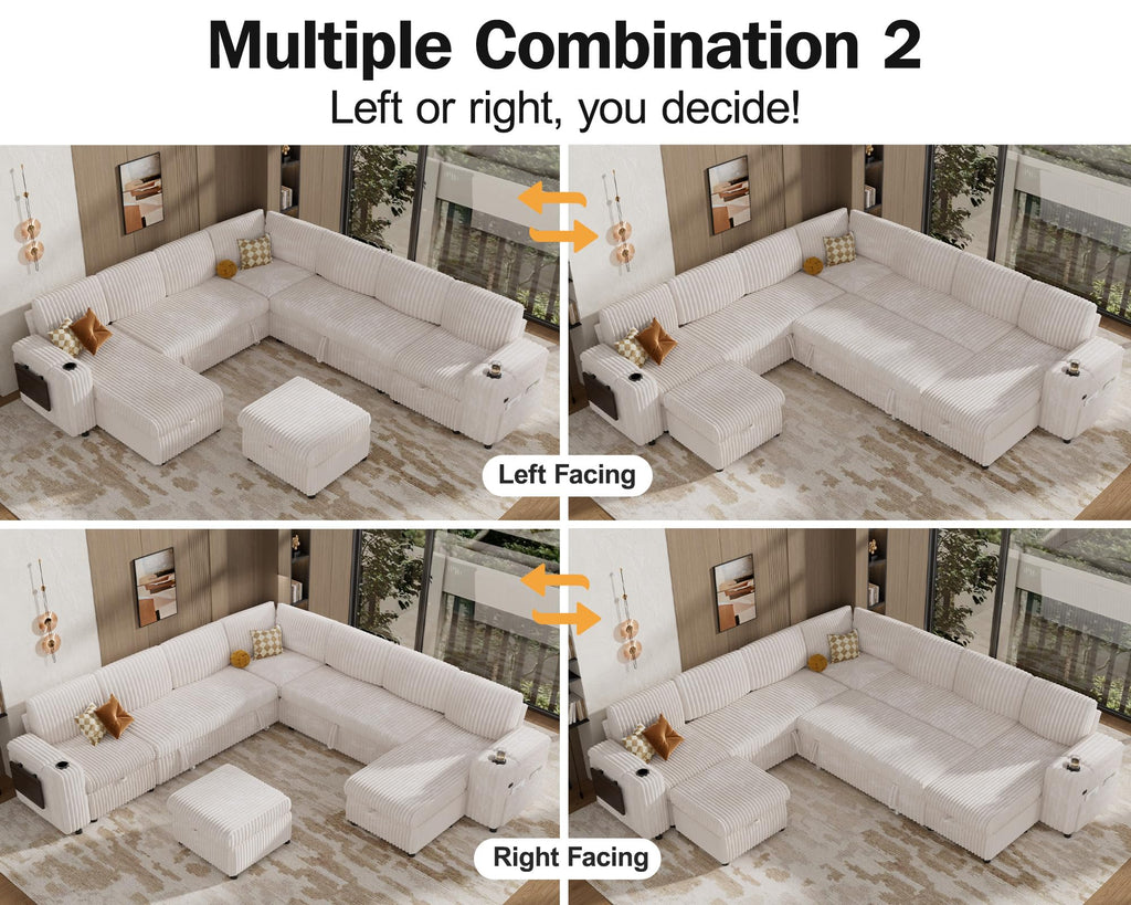 130" Modular Sectional Sleeper Sofa with Pull Out Bed, 9 Seat Corduroy L Shaped Couch with Ottoman and Chaise|USB