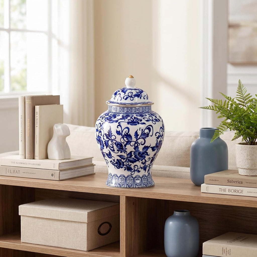 Blue and White Vase, Chinoiserie Decor Ginger Jar, Ceramic Jar with Lid, Decorative Jars, Blue and White Decor (Blue - Set of 30