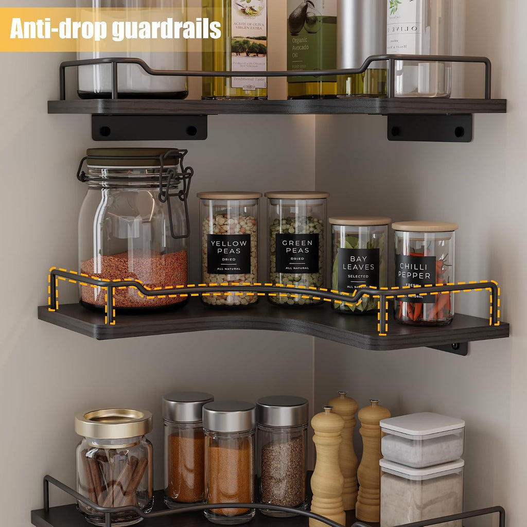L-Shaped Corner Floating Shelves Set of 3,Rustic Wood Wall Mounted Storage Shelves,Display Shelf (Black)