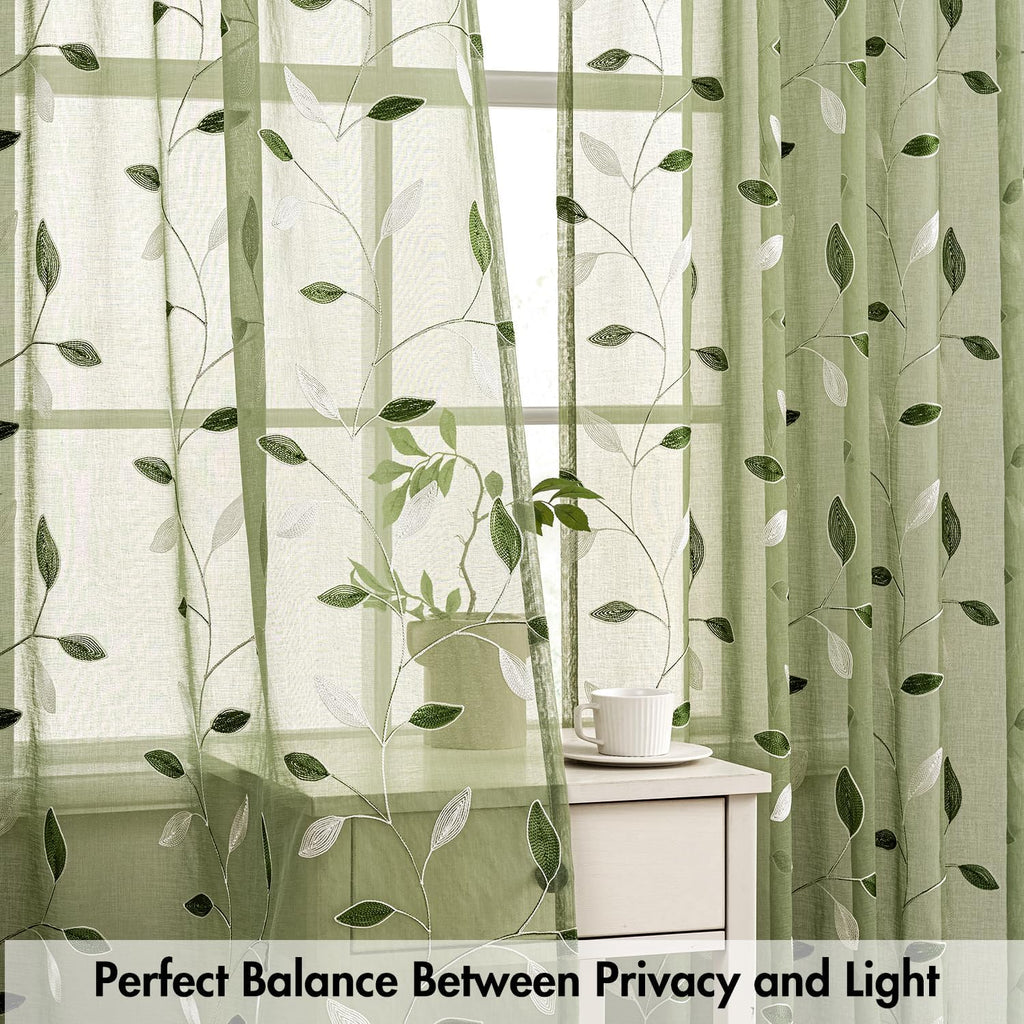 Sage Green Sheer Kitchen Curtains 30x36 Inches Length 2 Panels Embroidered Leaf Patterned Rod Pocket Floral Semi
