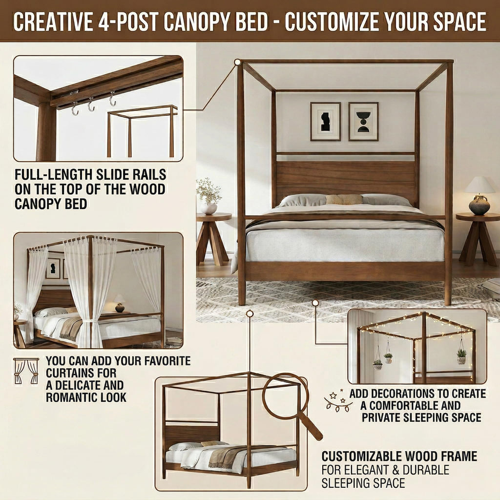 Queen Size Canopy Bed Frame Four Posters Bed No Box Spring Needed, Walnut