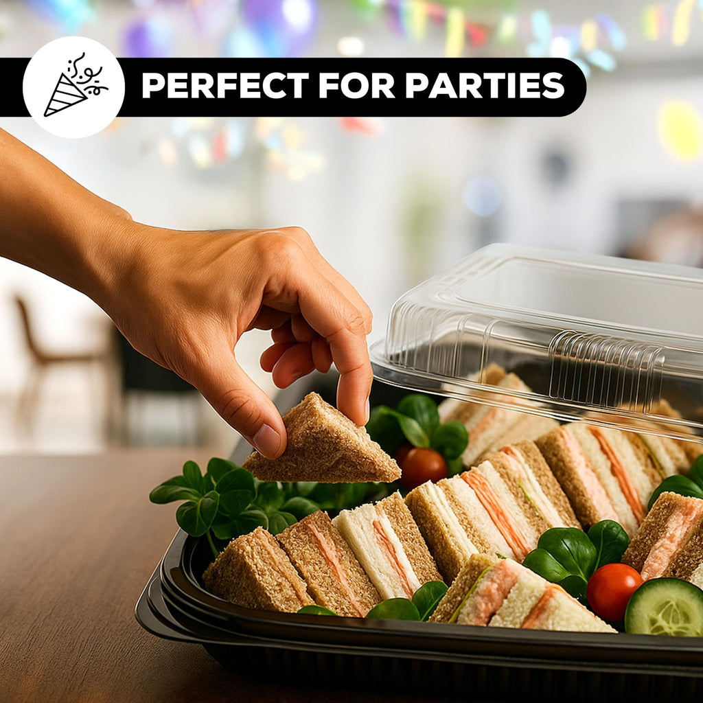 6 Pack Catering Trays with Lids - 13" Serving Tray with Lid, Heavy Duty Recyclable Plastic Party Platters for